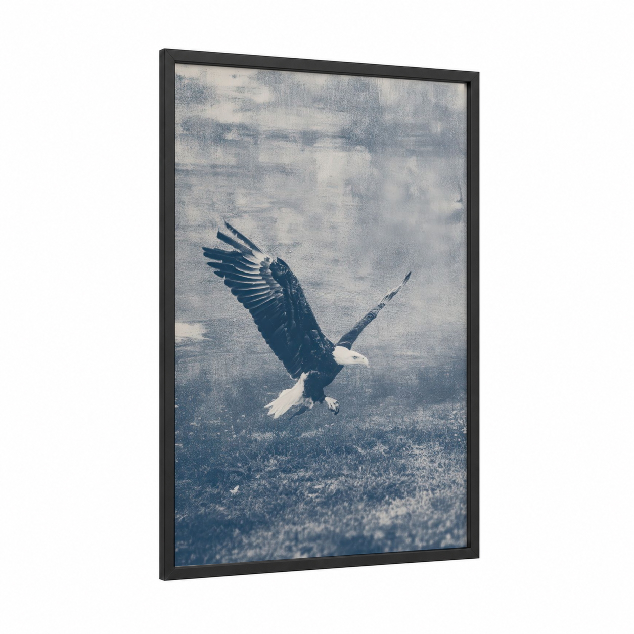 Soaring Eagle framed art print — black wood frame — blue and white and gray palette