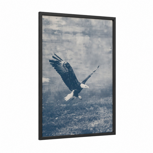 Soaring Eagle framed art print — black wood frame — blue and white and gray palette