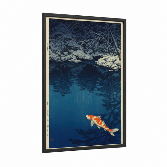 Snowy Stream Koi framed zebrafish print — black wood frame — dark blue and white palette