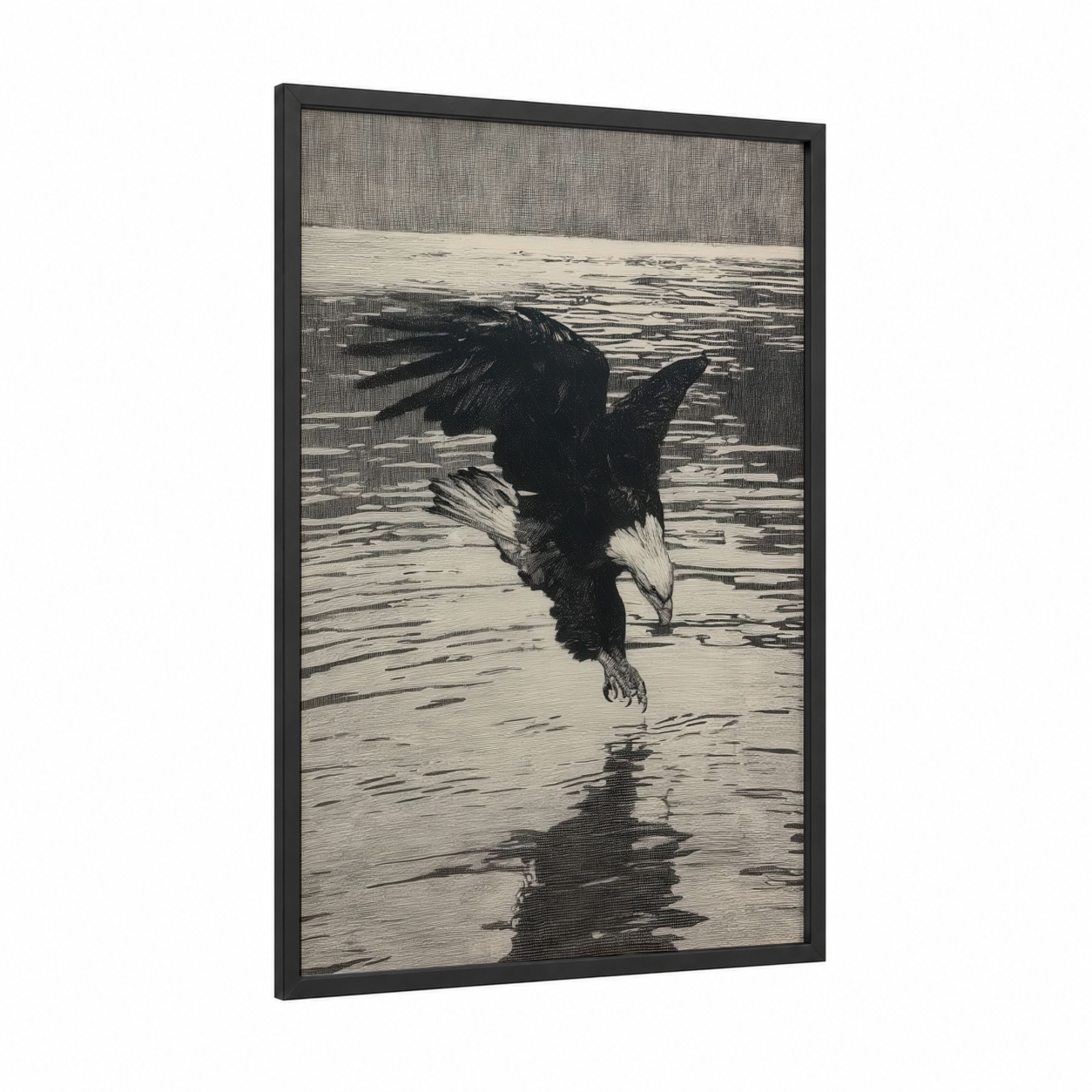 Diving Eagle framed art print — black wood frame — black and white palette