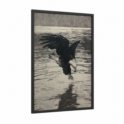 Diving Eagle framed art print — black wood frame — black and white palette
