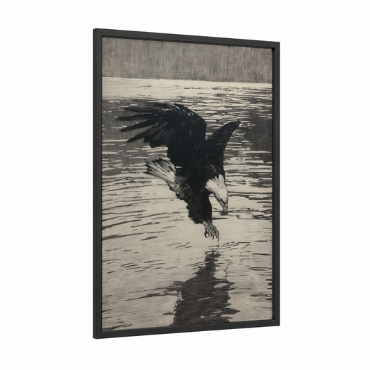Diving Eagle framed art print — black wood frame — black and white palette
