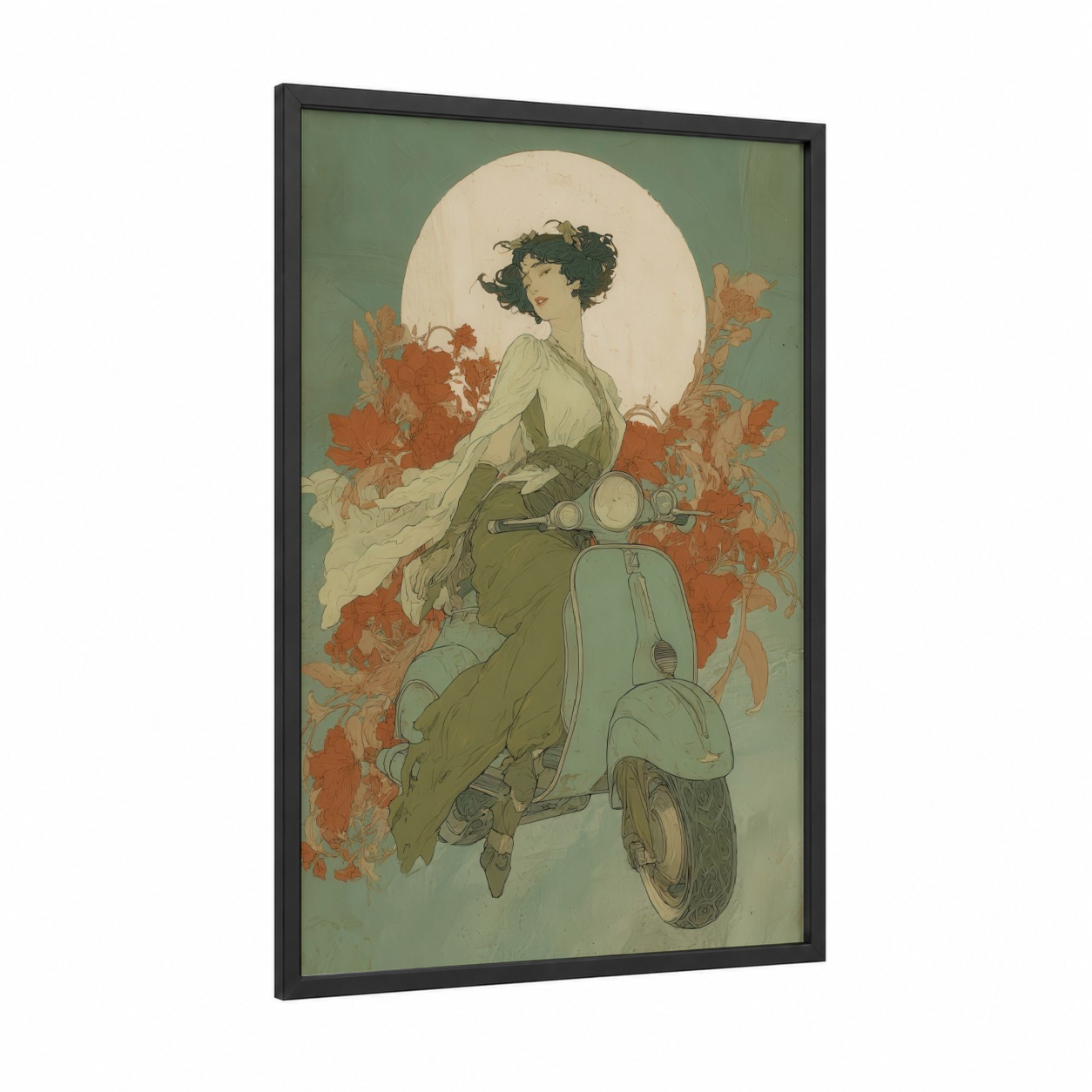 Vintage Scooter Romance framed vintage motorcycle print — black wood frame — sage green and russet palette