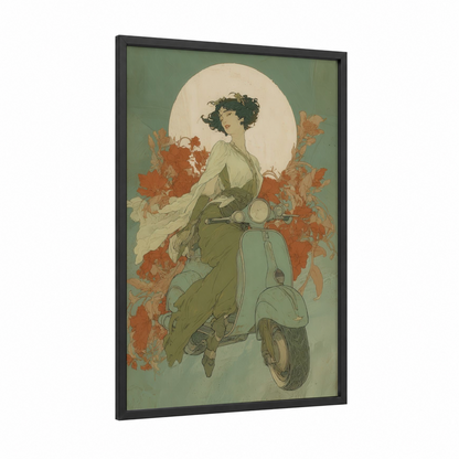 Vintage Scooter Romance framed vintage motorcycle print — black wood frame — sage green and russet palette