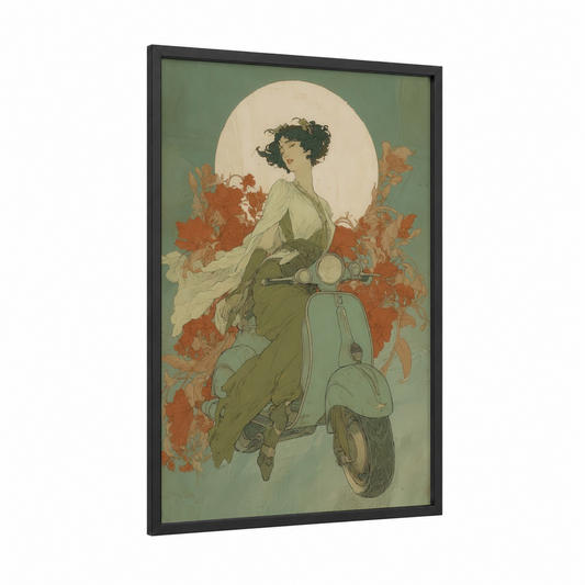 Vintage Scooter Romance framed vintage motorcycle print — black wood frame — sage green and russet palette