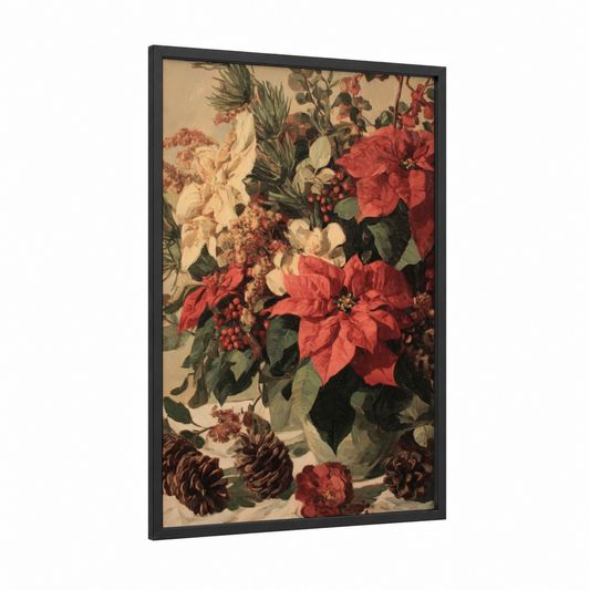 Festive Poinsettia Arrangement framed poinsettias print — black wood frame — red and cream palette