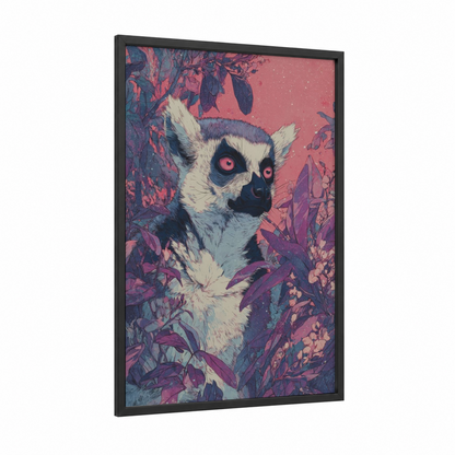 Cosmic Lemur framed art print — black wood frame — pink and purple palette