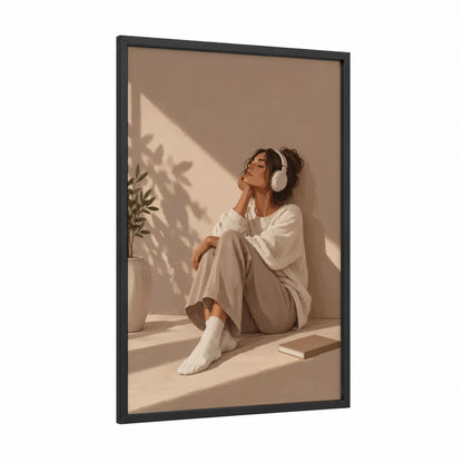 Woman Listening to Music Wall Art framed reading print — black wood frame — beige and cream palette