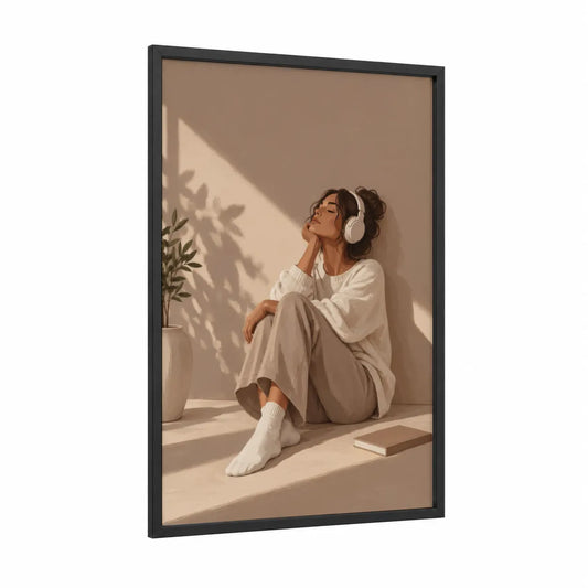 Woman Listening to Music Wall Art framed reading print — black wood frame — beige and cream palette