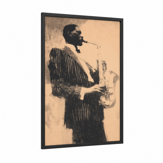 Vintage Saxophonist framed men's fashion print — black wood frame — black and white and champagne gold palette