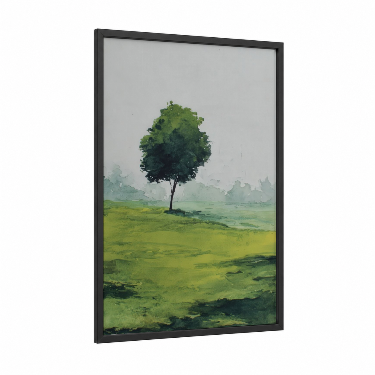 Solitary Fruit Tree framed fruit trees print — black wood frame — green and light green palette