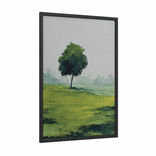 Solitary Fruit Tree framed fruit trees print — black wood frame — green and light green palette