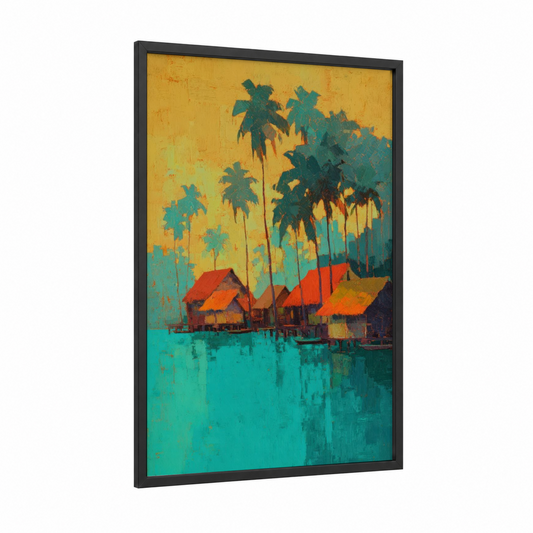 Tropical Village Sunset framed art print — black wood frame — yellow gold and teal palette