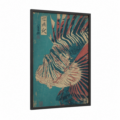 Crimson Lionfish framed art print — black wood frame — teal and red palette