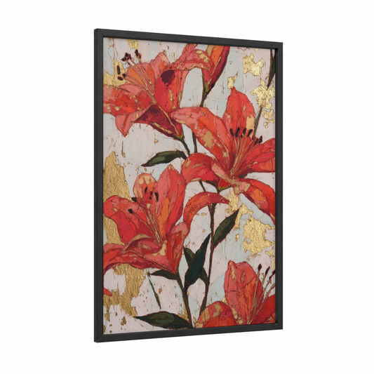 Crimson Lily Luxe framed art print — black wood frame — red and gold palette