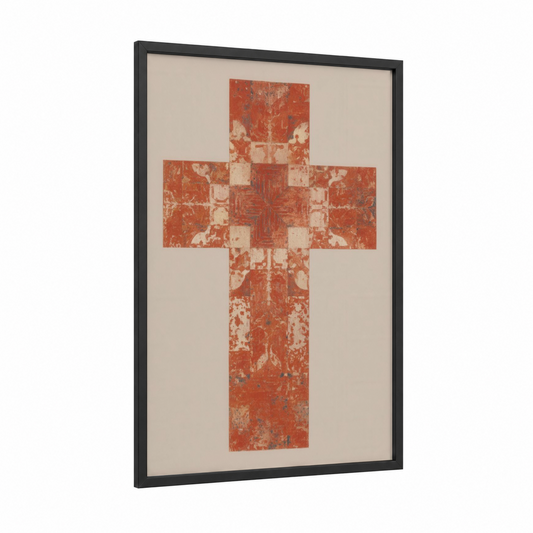 Rustic Christian Cross framed christian symbols print — black wood frame — russet and cream palette