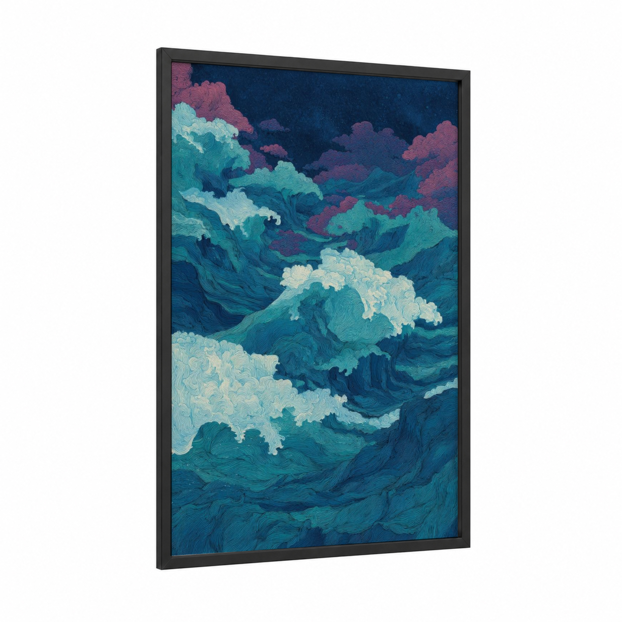 Midnight Ocean Waves framed seascapes and ocean print — black wood frame — teal and dark blue palette