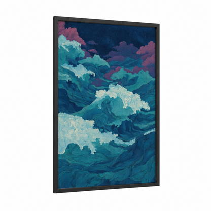 Midnight Ocean Waves framed seascapes and ocean print — black wood frame — teal and dark blue palette