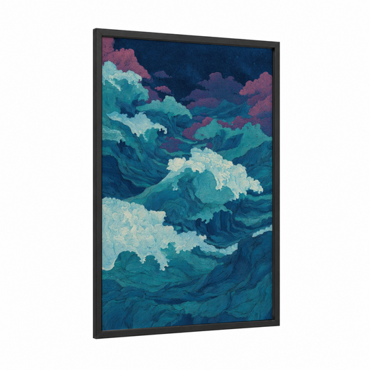Midnight Ocean Waves framed seascapes and ocean print — black wood frame — teal and dark blue palette
