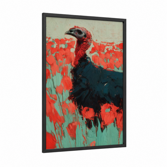 Crimson Turkey Portrait framed art print — black wood frame — red and teal palette