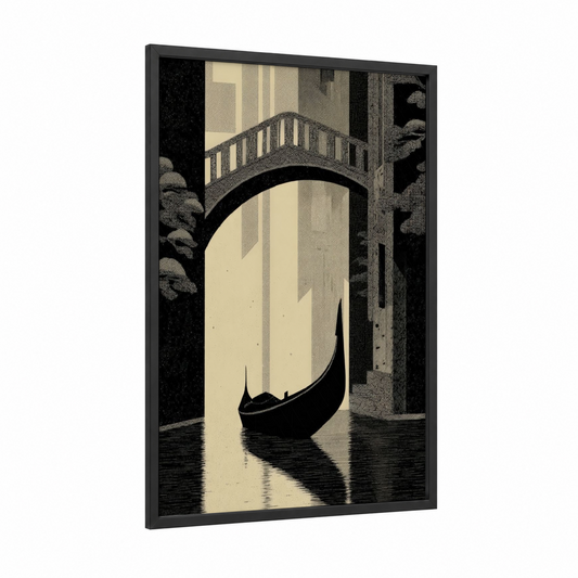 Venice Gondola framed art print — black wood frame — black and white and cream palette