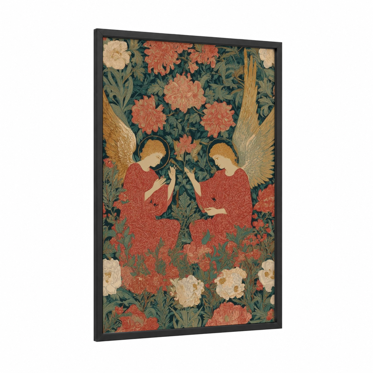 Celestial Angels framed all saints day print — black wood frame — teal and rose gold palette