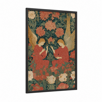 Celestial Angels framed all saints day print — black wood frame — teal and rose gold palette