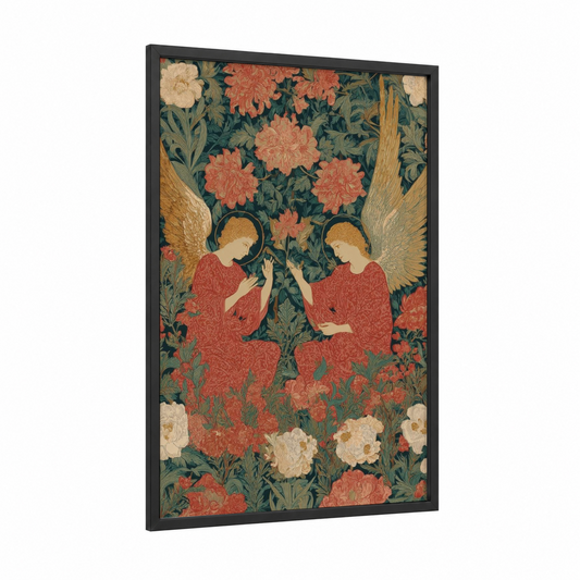 Celestial Angels framed all saints day print — black wood frame — teal and rose gold palette