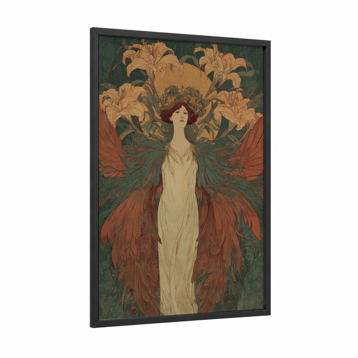Crimson Phoenix framed art print — black wood frame — gold and teal palette