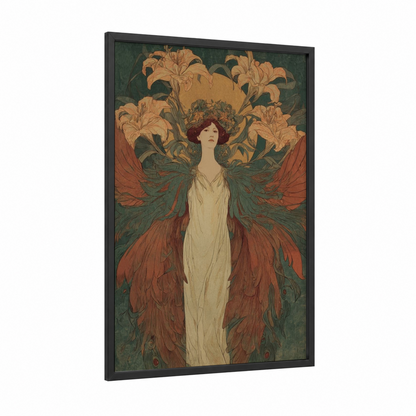 Crimson Phoenix framed art print — black wood frame — gold and teal palette