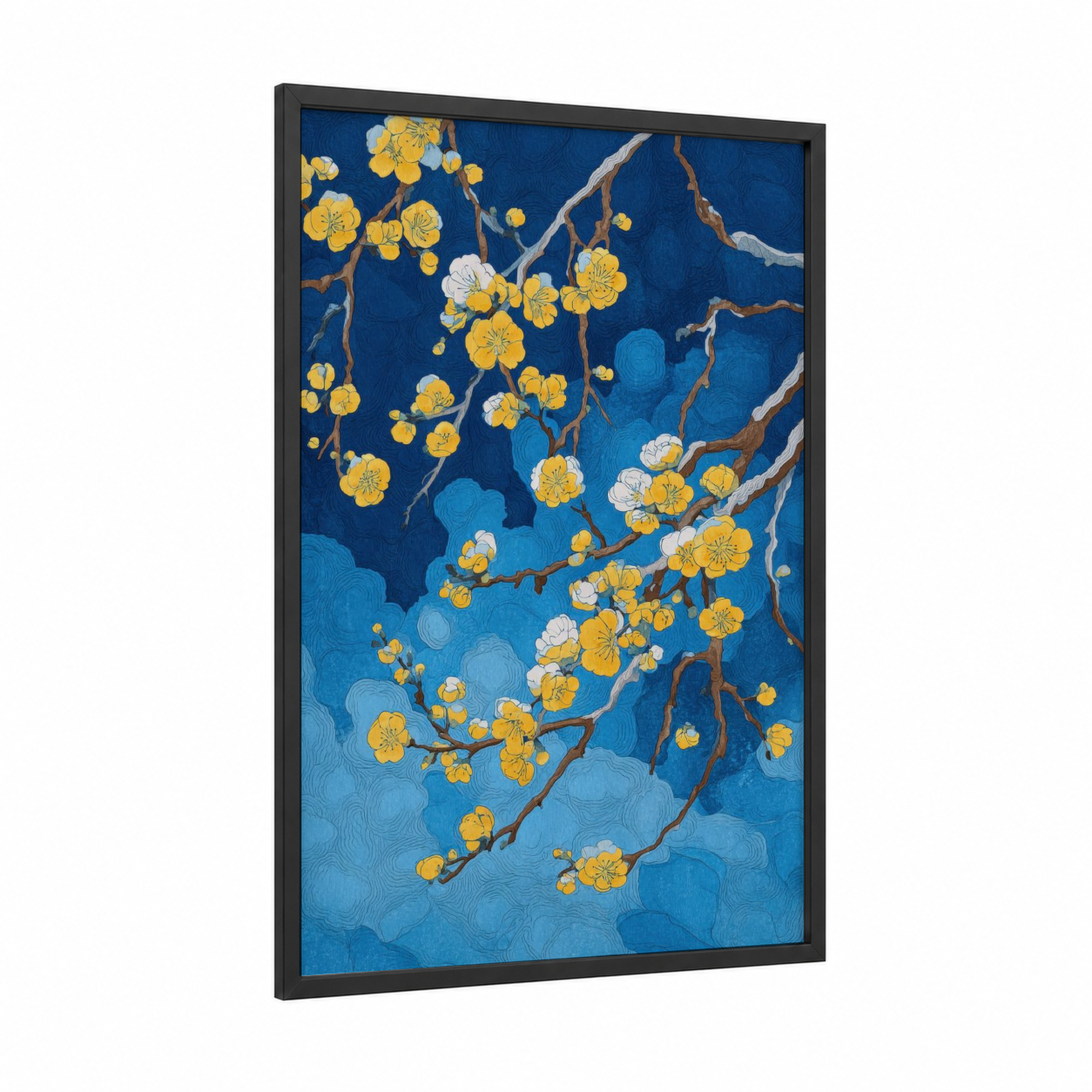 Golden Blossom Night framed cherry blossoms print — black wood frame — blue and gold and royal blue palette