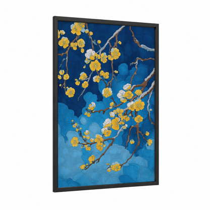 Golden Blossom Night framed cherry blossoms print — black wood frame — blue and gold and royal blue palette