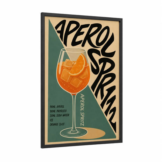 Aperol Spritz Cocktail Retro Wall Art framed art print — black wood frame — orange and beige palette