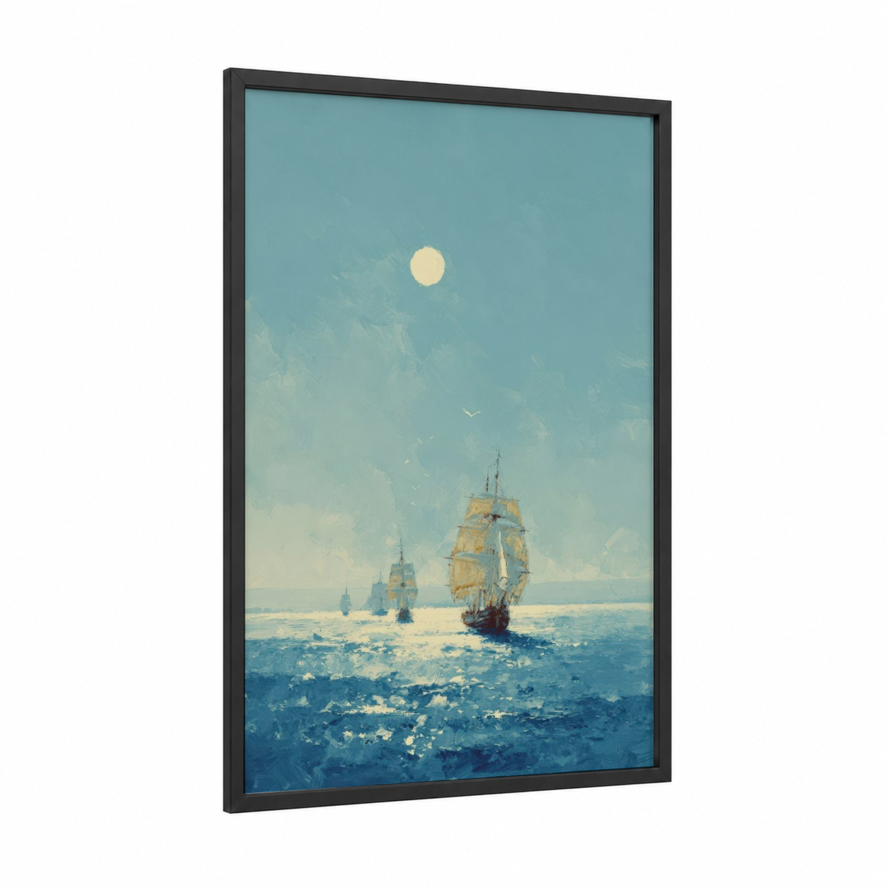 Summer Sailing framed art print — black wood frame — blue and gold palette