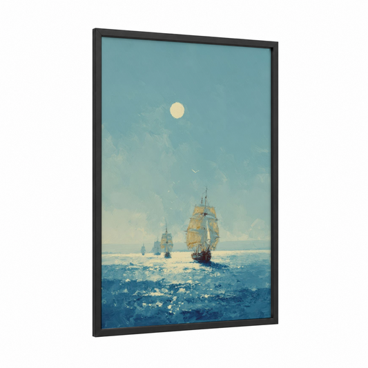 Summer Sailing framed art print — black wood frame — blue and gold palette