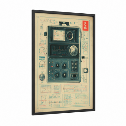 Vintage Control Panel framed blueprints print — black wood frame — cream and blue palette
