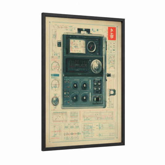 Vintage Control Panel framed blueprints print — black wood frame — cream and blue palette