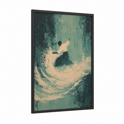 Flowing Aikido framed art print — black wood frame — teal and cream palette