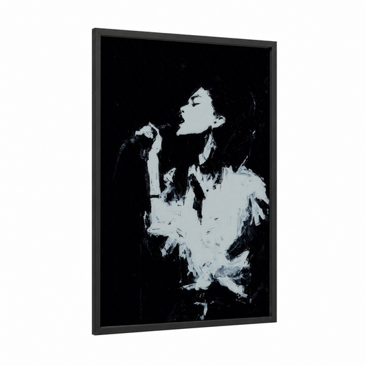 Passionate Rock Singer framed rock'n roll print — black wood frame — black and white palette