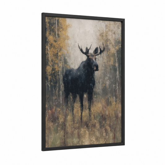 Misty Moose framed art print — black wood frame — gold and gray palette