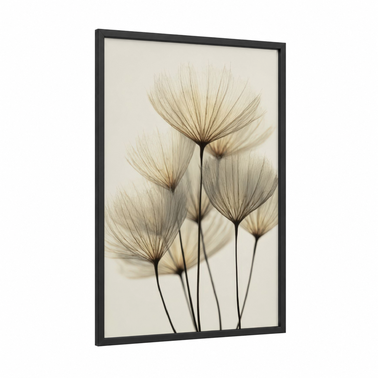 Ethereal Dandelion framed art print — black wood frame — cream and dove gray palette