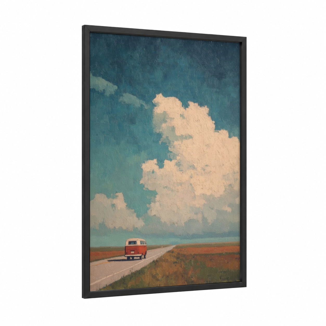 Desert Van Journey framed art print — black wood frame — teal and cream palette