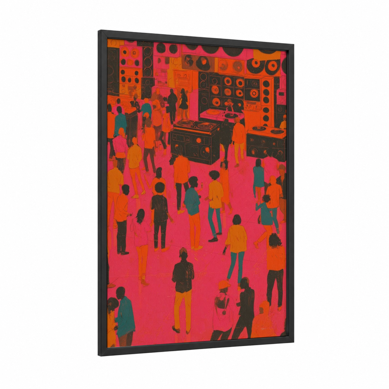 Neon Funk Crowd framed art print — black wood frame — magenta and orange palette