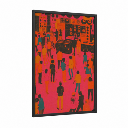 Neon Funk Crowd framed art print — black wood frame — magenta and orange palette