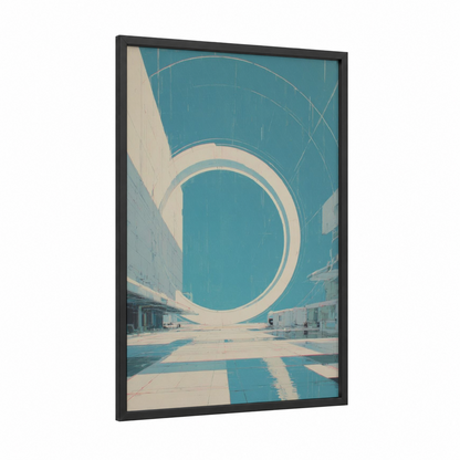 Circular Portal Gate framed art print — black wood frame — teal and cream palette