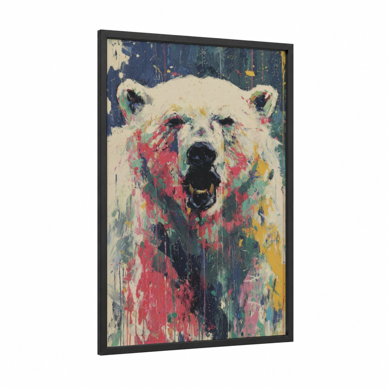 Colorful Polar Bear framed art print — black wood frame — white and magenta palette