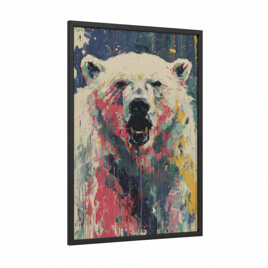 Colorful Polar Bear framed art print — black wood frame — white and magenta palette