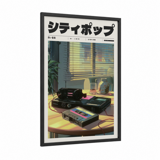 Synthwave Studio Setup framed anime and manga print — black wood frame — yellow gold and blue and white palette