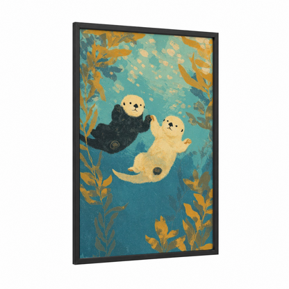Playful Otter Pair framed animals in love print — black wood frame — teal and gold palette