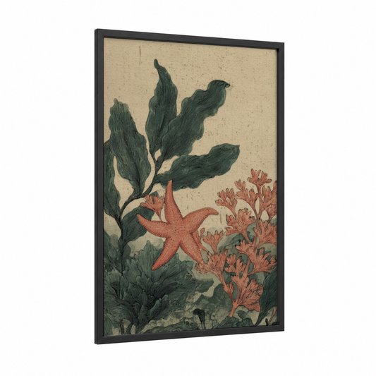 Coral Starfish framed art print — black wood frame — cream and dark green palette